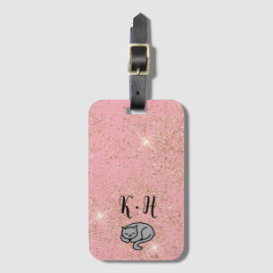 Cat Monogram för Rosa Glitter Bagagebricka