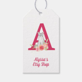 Cat Monogram och Rosa Blommigt Bouquet Merchandise Presentetikett