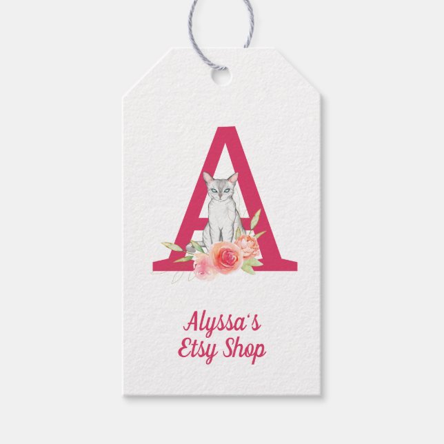 Cat Monogram och Rosa Blommigt Bouquet Merchandise Presentetikett (Framsidan)