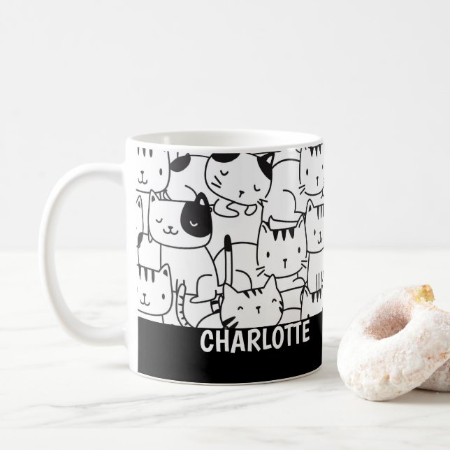 Cat Mönster Black and White Cute Personlig Kaffemugg (Med munk)