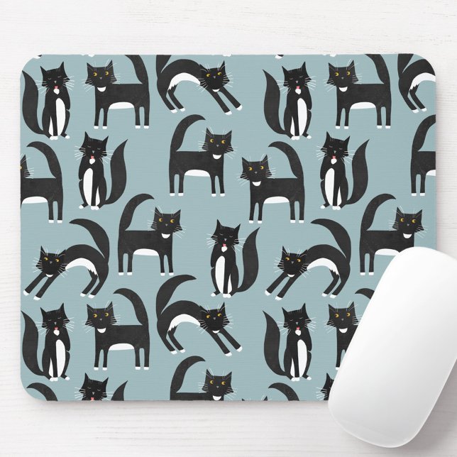 Cat Mönster Blue Musmatta (Black and white tuxedo bicolor cat mouse mat)