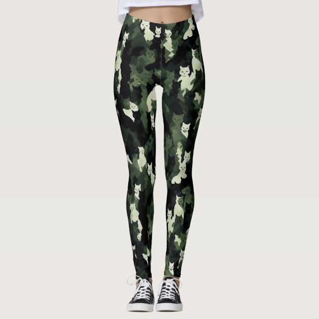 Cat Mönster Grönt Camouflage Leggings (Framsida)
