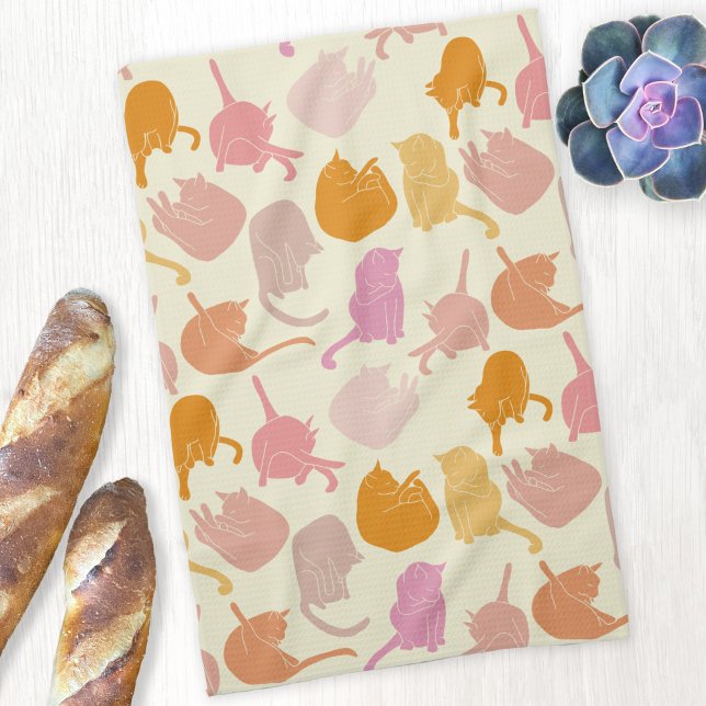 Cat Mönster Rosa Orange Cream Kökshandduk (Fun kitty cat pattern pink orange cream kitchen towel for animal lovers)