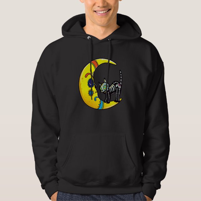 Cat & Moon Sugar Skull Dia de Los Muertos  Day Of  Hoodie (Framsida)