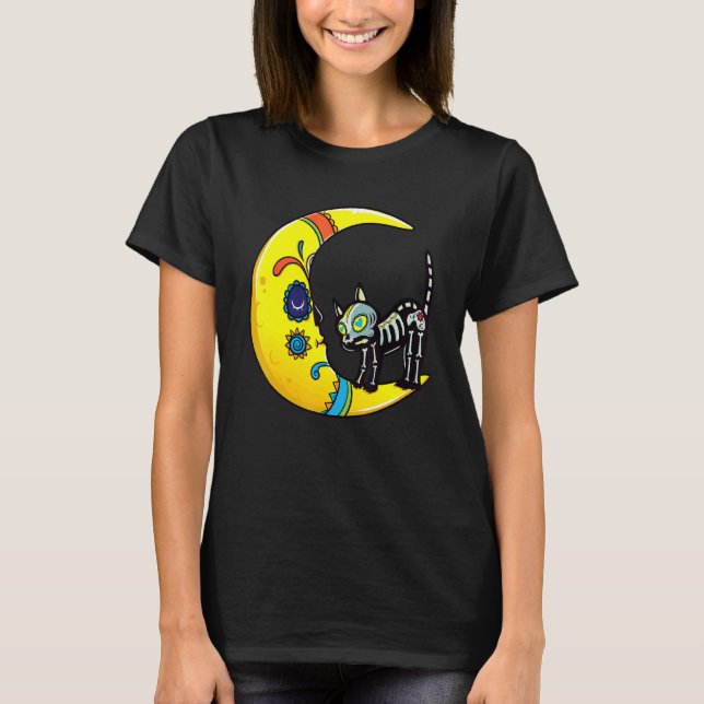 Cat & Moon Sugar Skull Dia de Los Muertos  Day Of  T Shirt (Framsida)