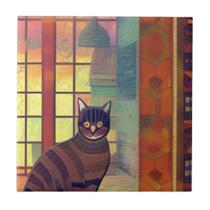 Cat moroccan mosaic abstrakt art brun stad kattung kakelplatta