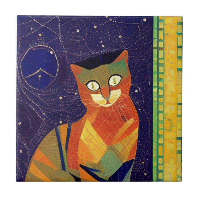 Cat moroccan mosaic abstrakt art färgad kattunge kakelplatta (Framsidan)