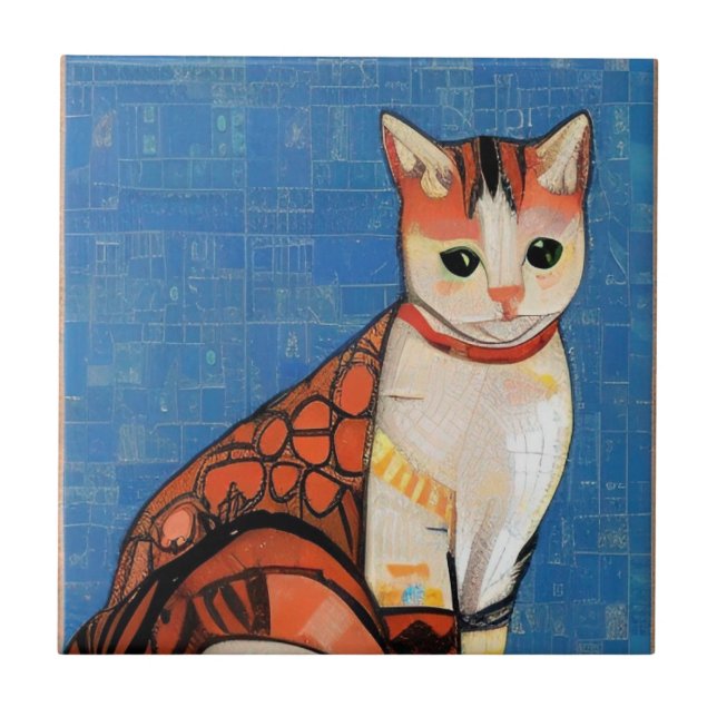 Cat moroccan mosaic abstrakt art ginger blue kattu kakelplatta (Framsidan)