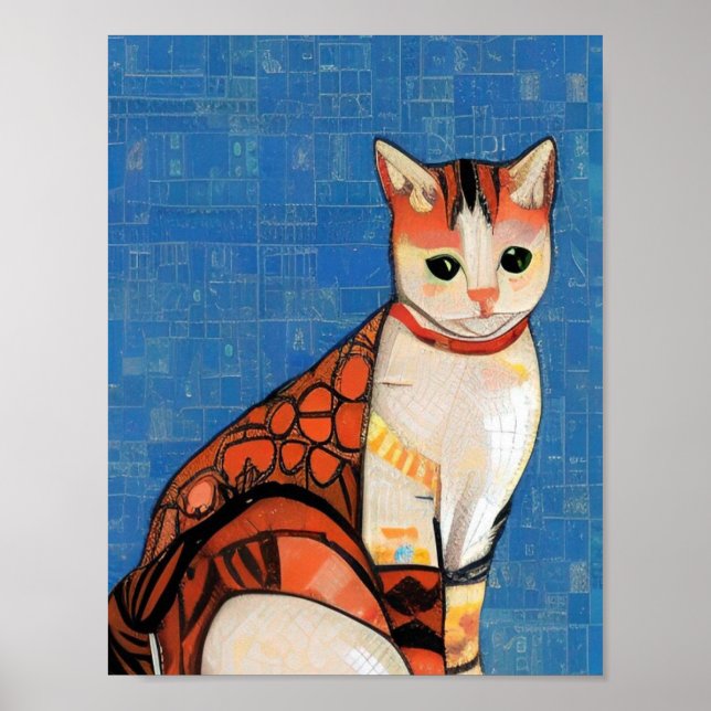 Cat moroccan mosaic abstrakt art ginger blue kattu poster (Framsidan)