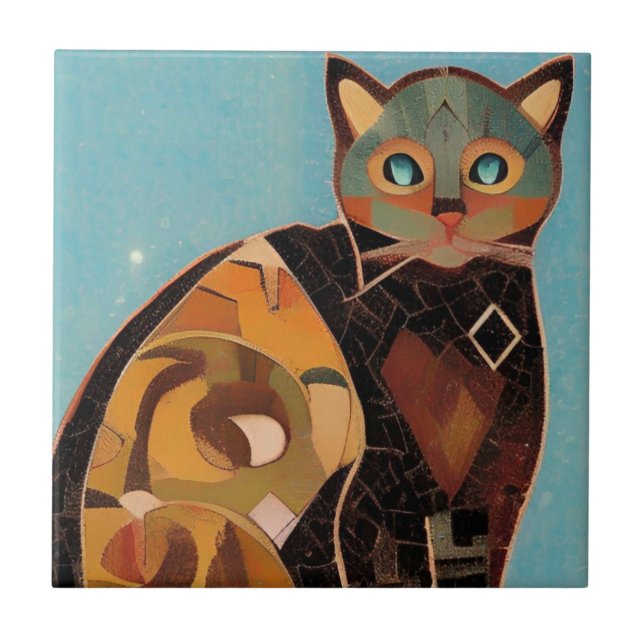 Cat moroccan mosaic abstrakt art teal kattunge kakelplatta (Framsidan)