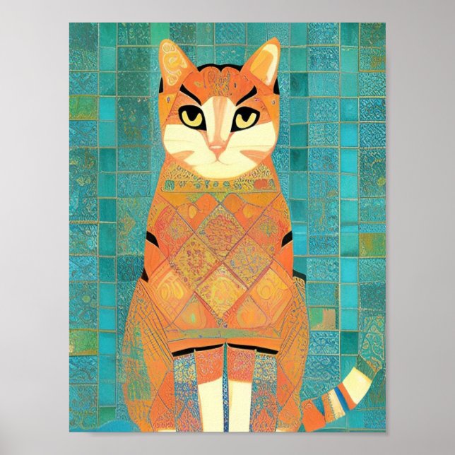 Cat moroccan mosaic ginger on turcoise bakgrund poster (Framsidan)
