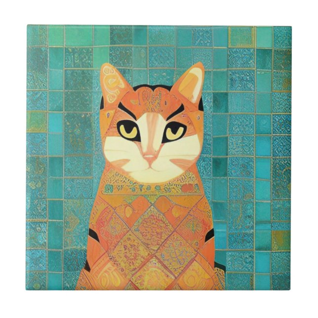 Cat moroccan mosaic ginger on turquoise background kakelplatta (Framsidan)