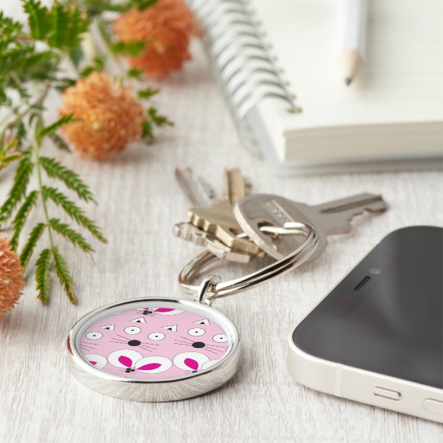 Cat Mouse Mönster Keychain Lt Rosa Rund Silverfärgad Nyckelring (Sidan)