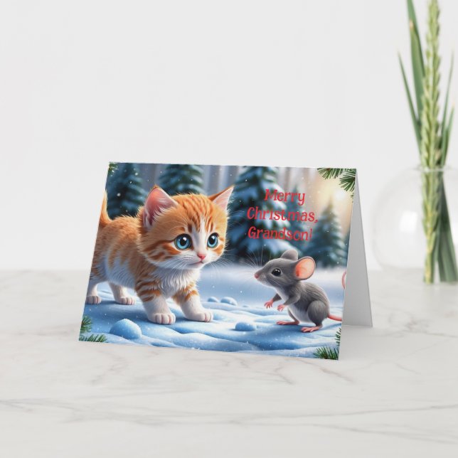 CAT n MOUSE GRANDSON CHRISTMAS CARD Tack Kort (Framsida)