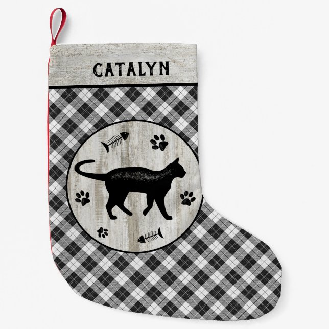 Cat Namn Rustic Farmhouse Checker Plaid Wood Tassa Liten Julstrumpa (Framsidan)