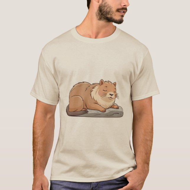 Cat Napping on Capybara – Cute Sticker. T Shirt (Framsida)