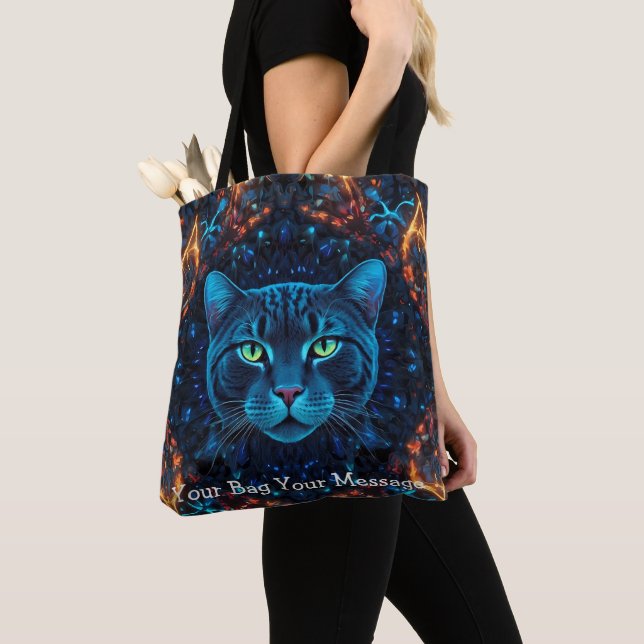 Cat - Neon Galaxy Mandala Tote Bag - Kosmiväktare Tygkasse (Närbild)