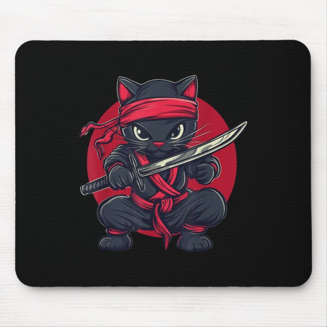 Cat Ninja Samurai Japan Japansk Flagga Kawaii Funn Musmatta (Framsidan)