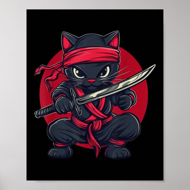 Cat Ninja Samurai Japan Japansk Flagga Kawaii Funn Poster (Framsidan)