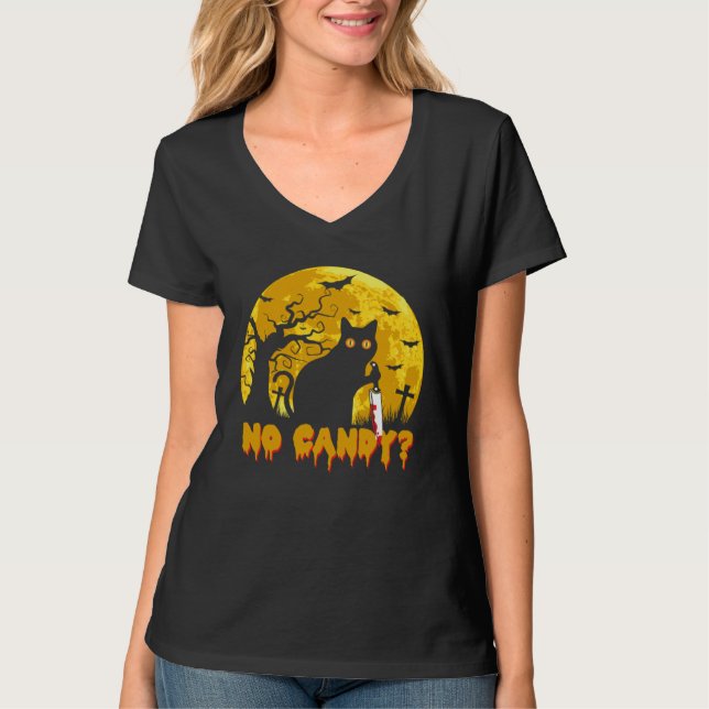 Cat No Candy Murderous Cat With Knife Halloween Co T Shirt (Framsida)