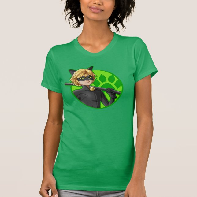 Cat Noir Grönt Badge T Shirt (Framsida)