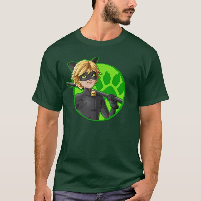 Cat Noir Grönt Badge T Shirt (Framsida)