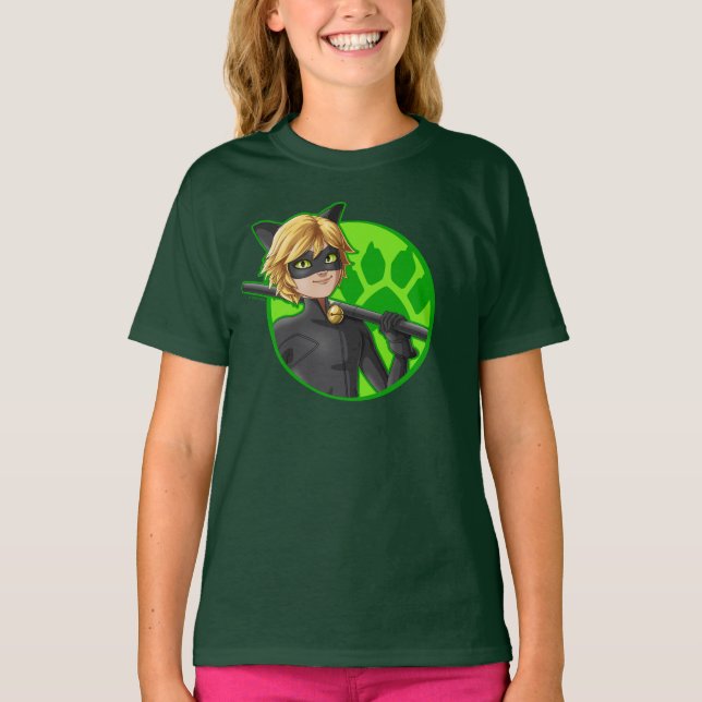 Cat Noir Grönt Badge T Shirt (Framsida)