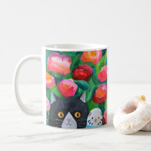 Cat och Blue budgie Cute djurälskare Quirky Folk A Kaffemugg