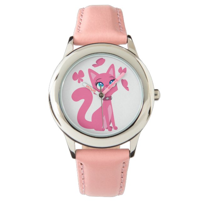 Cat och Butterflies i Rosa Tecknad Armbandsur (Framsida)
