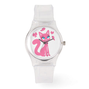 Cat och Butterflies i Rosa Tecknad Armbandsur