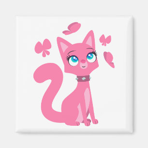 Cat och Butterflies i Rosa Tecknad Magnet