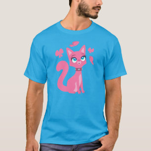 Cat och Butterflies T-Shirt, Cute Rosa Tecknad Tee Shirt