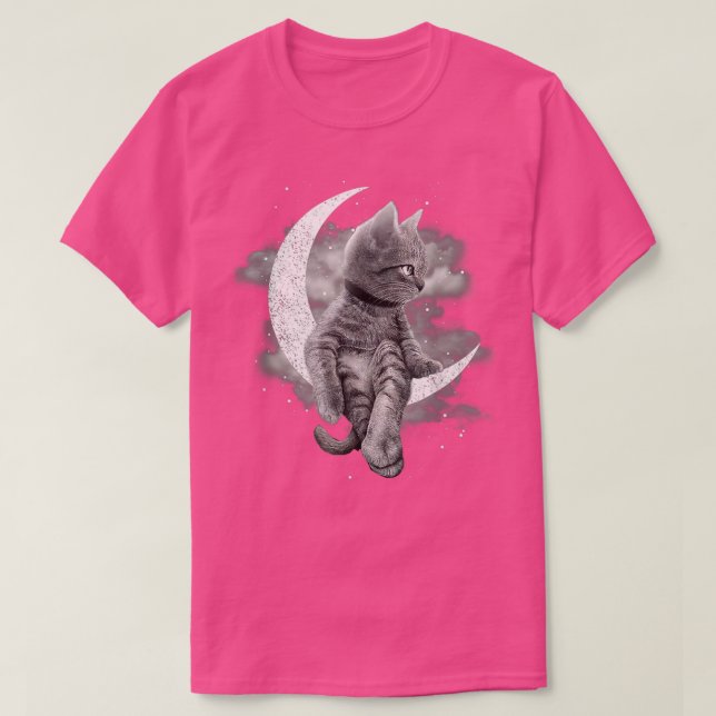 Cat och Crescent Måne Cute Cat sitter på Måne T Shirt (Design framsida)