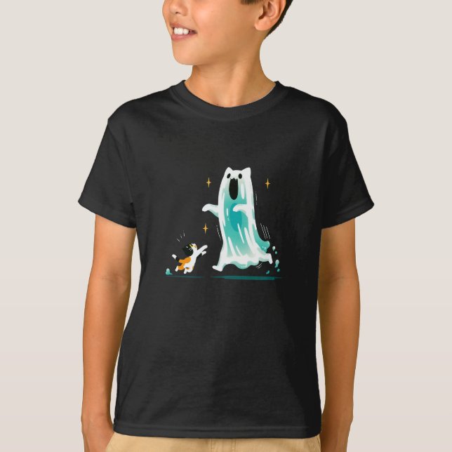 Cat och Ghost - Cute Halloween T Shirt (Framsida)