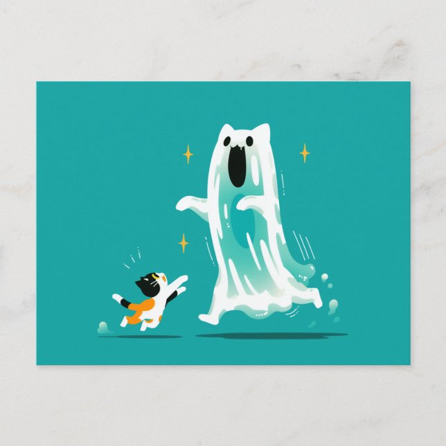 Cat och Ghost - Cute Halloween Vykort (Framsida)