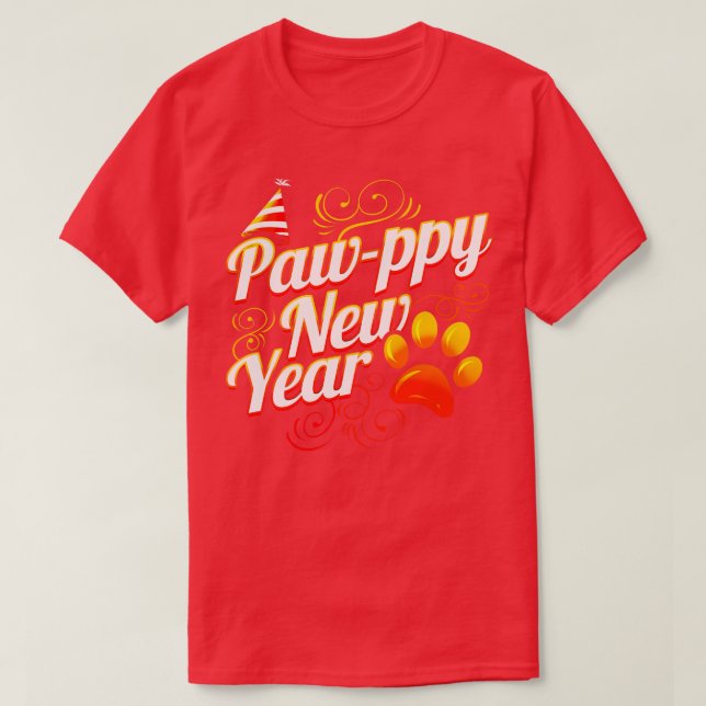 Cat och Hund älskare Pawppy Gott nytt år T Shirt (Design framsida)