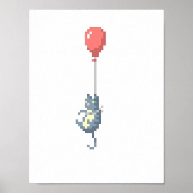 Cat- och Red Balloon Pixel Art Poster (Framsidan)