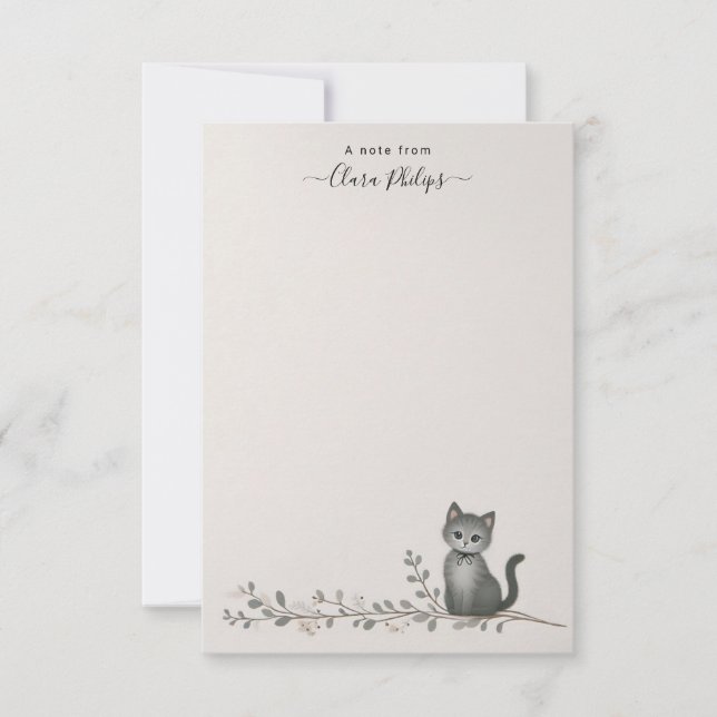 Cat on a branch note card with name tack kort (Framsida)