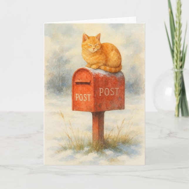 Cat on a mailbox Xmas card  Helgkort (Framsida)