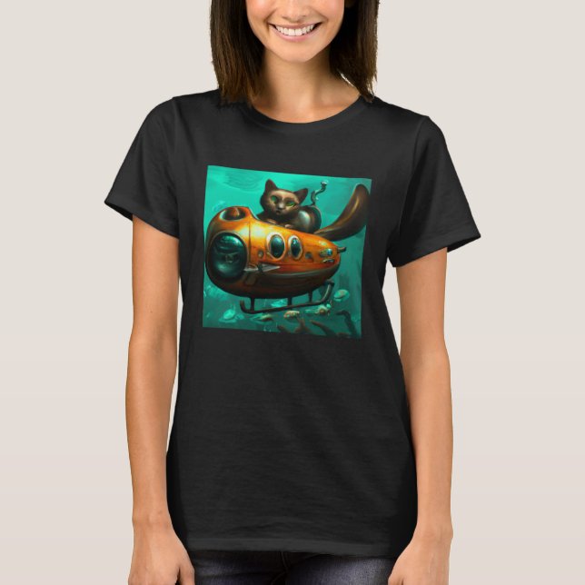 Cat on a submarine in water Unusual situation T Shirt (Framsida)