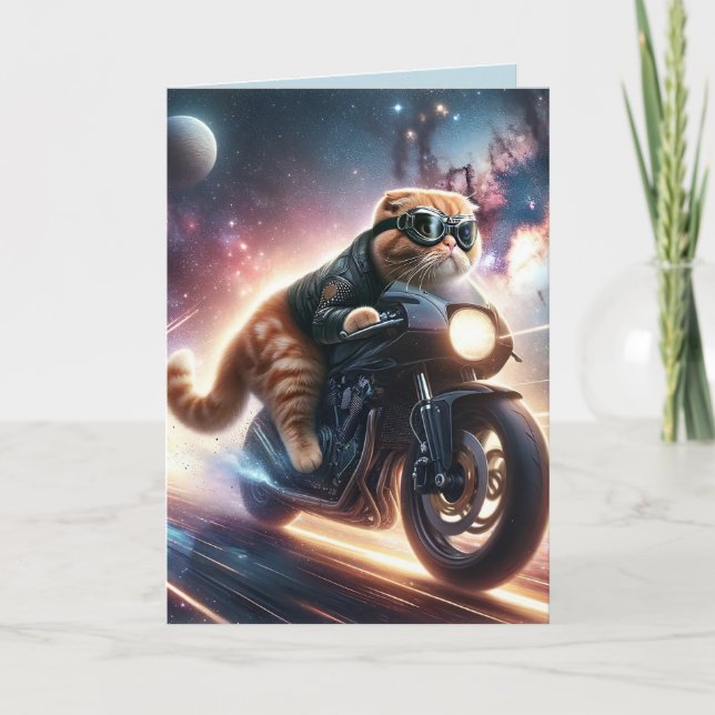 Cat on Motorcycle Birthday Greeting Card Helgkort (Framsida)