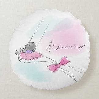 Cat on Swing Pastel Watercolor Rund Kudde