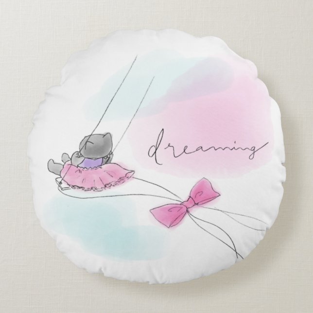 Cat on Swing Pastel Watercolor Rund Kudde (Framsidan)