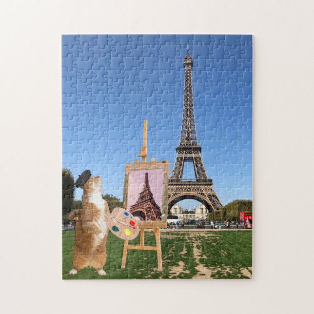 Cat Painting Eiffel Torn Paris Frankrike Travel Pussel (Vertikal)