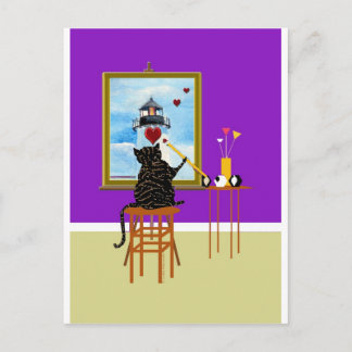 Cat Painting Light house+Hearearts Vykort