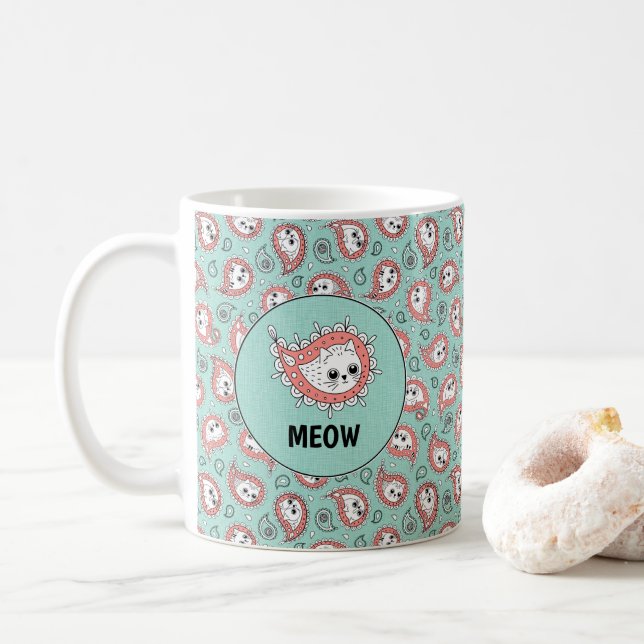 Cat Paisley - Coral och Mint Kaffemugg (Med munk)