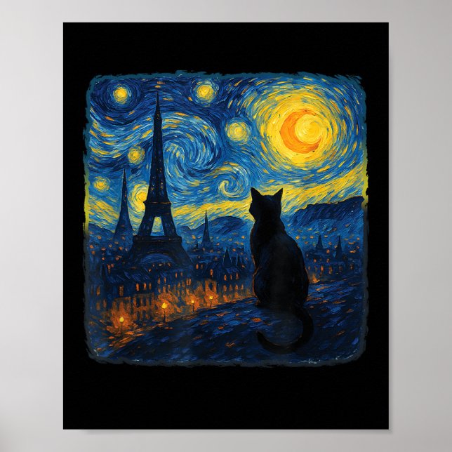 Cat Paris Eiffel Torn Starry Night Van Gogh Inspi Poster (Framsidan)