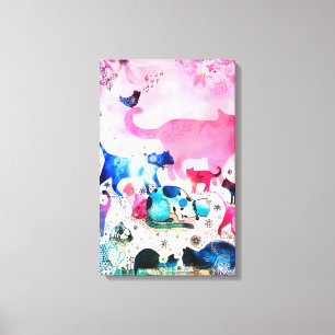 Cat Party House Glitter Art Rosa Watercolor Canvastryck