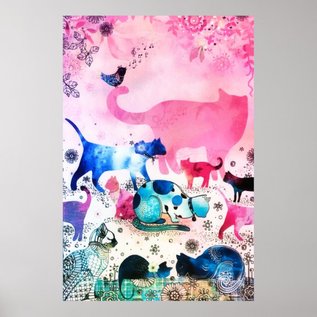 Cat Party House Glitter Art Rosa Watercolor Poster (Framsidan)