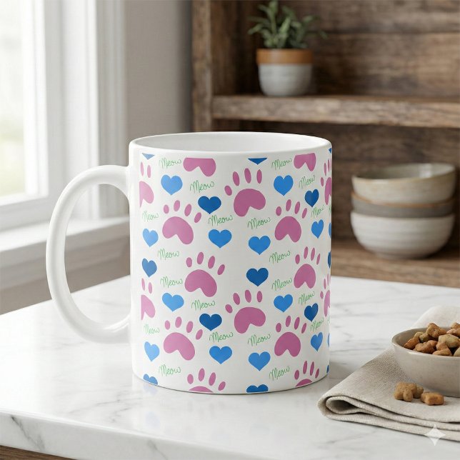 Cat Paw Prints Hearts Meow Pink Blue Green Kaffemugg (A mug with a pink, green & blue pattern of cat paw prints, hearts and meows.)